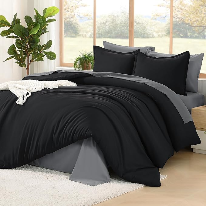 Litanika Comforter California King Size Set Black Grey - 7 Pieces Bed in a Bag California King Bedding Comforter Sets, Plain Lightweight Bed Set with Comforter, Sheets, Pillowcases & Shams