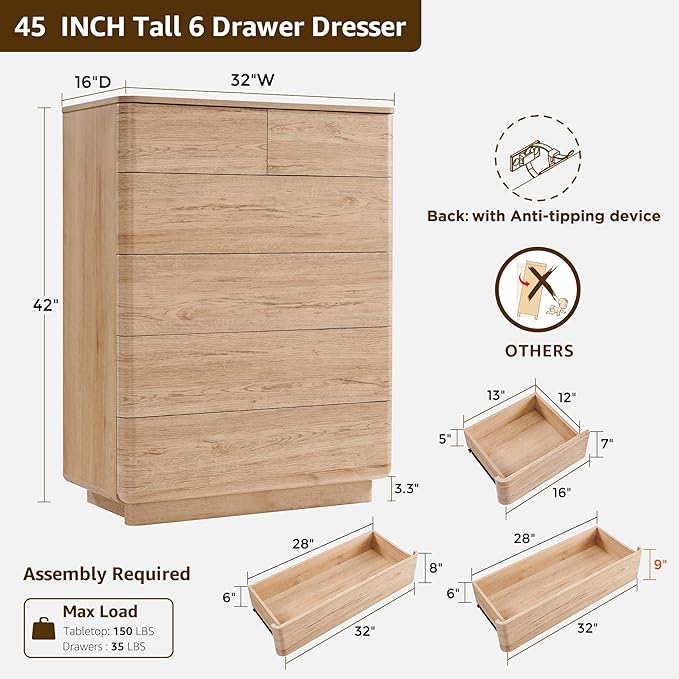 6 Drawer Dresser for Bedroom, 42 Inch Tall Modern Chest of Drawers, Push-to-Open Wood Storgae Organizer with Large Drawers for Bedroom, Living Room, Hallway, Natural Oak