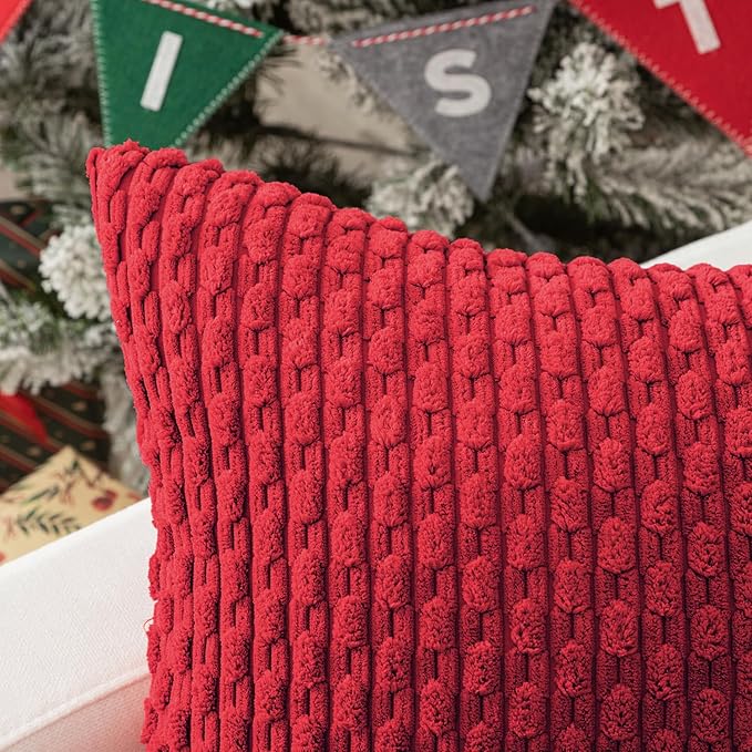 Kevin Textile Throw Pillow Covers Soft Corduroy Decorative Set of 2 Boho Striped Christmas Pillow Covers Pillowcases Farmhouse Home Decor for Couch Bed Sofa Living Room 18x18 Inch Red