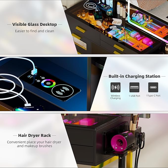 RGB Vanity Desk with Sliding Mirror and Lights,Makeup Vanity with Charging Station,LED Vanity Table with Glass Top,Girls Vanities Dressing Table Set with Stool&6 Drawers for Bedroom(Black