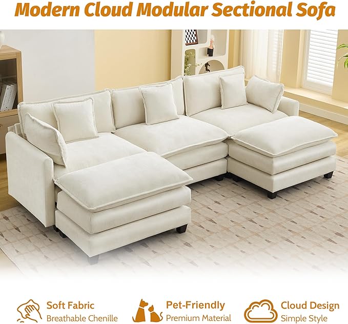 111'' Sectional Cloud Deep Seat Couch, Oversized Chenille U Shaped Sectional Sofa for Living Room Set, Comfy Upholstered Modular 5-Seats Sectional Sofa Couch with 2 Movable Ottoman, Beige