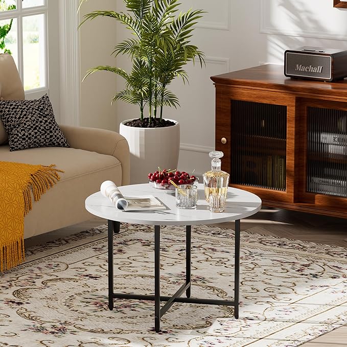 Round Coffee Table, Small Coffee Tables for Living Room, Low Wood Coffee Table with Metal Frame, Floor Table Desk for Sitting on The Floor, Home, Office, Rustic Brown (23.6" D x 17.7" H)