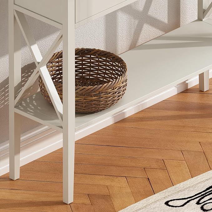ChooChoo Farmhouse Console Table with Drawers, Narrow Wood Accent Sofa Table Entryway Table with Storage Shelf for Entryway, Front Hall, Hallway, Living Room, Antique White & Brown