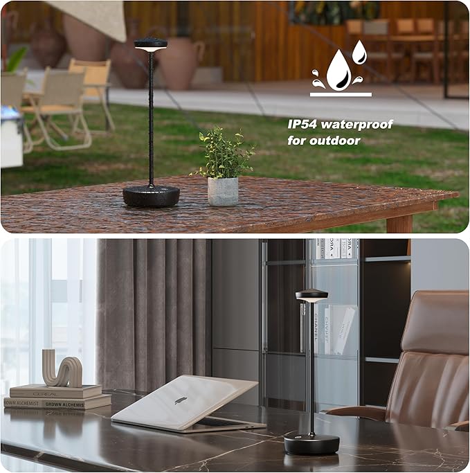 Cordless Table Lamp Rechargeable 2Pack - LED Battery Table Light with 3 Color Temperatures, Stepless Dimming, Waterproof Aluminum for Indoor Outdoor, Patio, Restaurant, Dinner (Black)