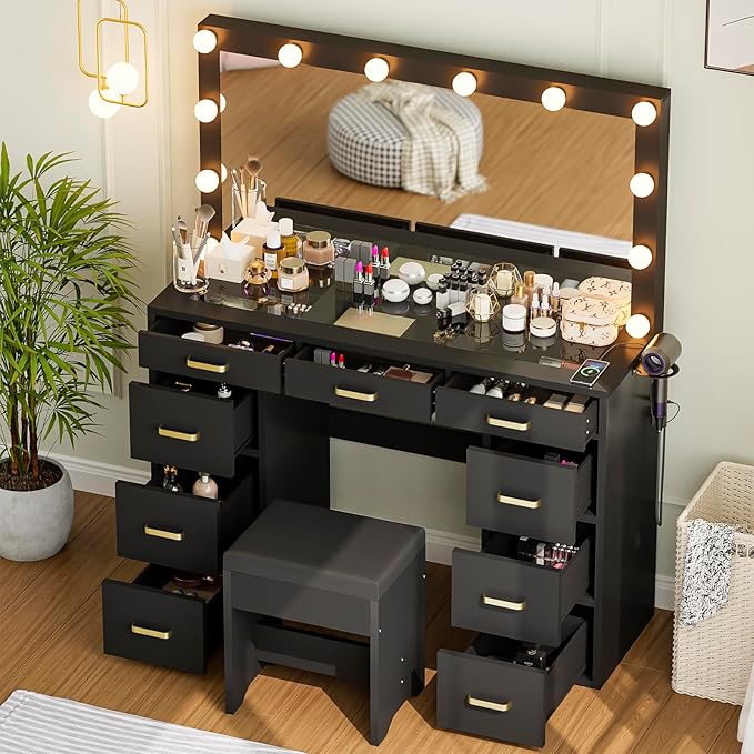 Likein Vanity Desk with Lights and Power Strip - 47'' Glass Top Vanity with Lighted Mirror, 9 Drawers Makeup Vanity with Lights, Black Vanity Set with Chair, 3 Lighting Modes Dressing Table