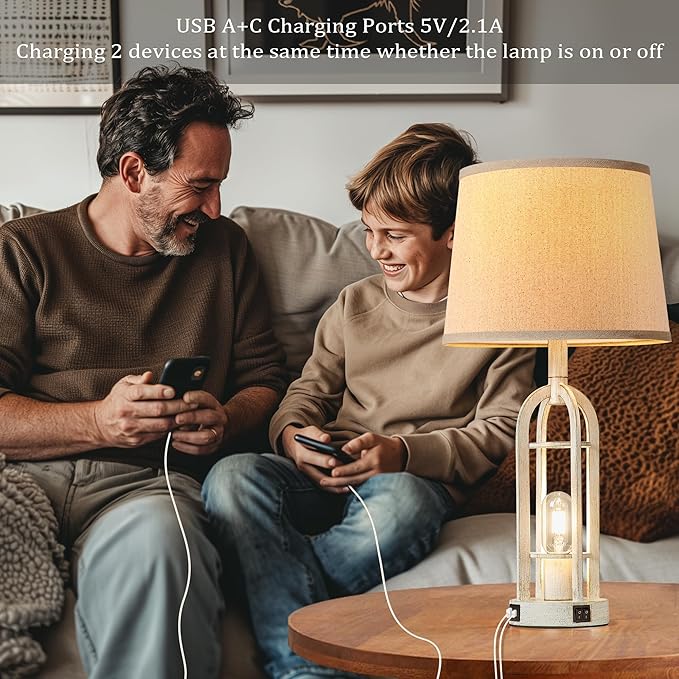 Farmhouse Table Lamps for Living Room Set of 2 - Rustic Industrial Bedside Lamps for Bedroom Nightstand with Nightlight and USB A+C, 4 Bulbs Included