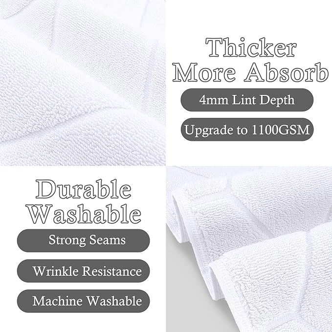 Thick Bath Mat Set – 2PC 19"x30" | 1100GSM | Hotel Quality |100% Cotton, Washable Bath Floor Towels, Soft & Absorbent, Foot Towels for Bathroom, White Bathroom Terry Cloth Bathmat [Not Bath Rug]