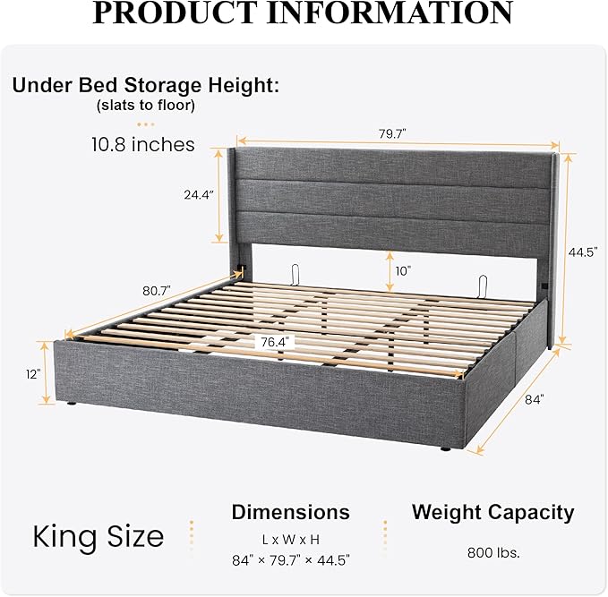SHA CERLIN King Size Lift Up Storage Bed/Modern Wingback Headboard/Upholstered Platform Bed Frame/Hydraulic Storage/No Box Spring Needed/Wood Slats Support/Grey Blue