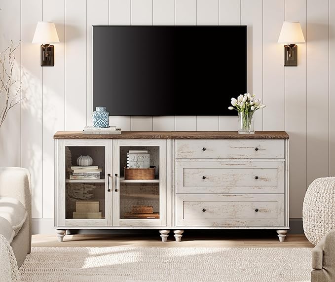 WAMPAT TV Stand for 75 Inch TV, Wood TV Cabinet Entertainment Center Television Stands for Living Room, 2-in-1 Sideboard Buffet Cabinet with Glass Door & Drawer for Kitchen, Rustic White