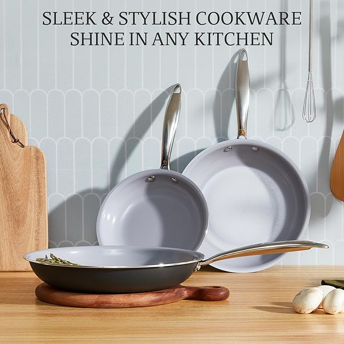 KITEXPERT Non Stick Frying Pans Set, Titanium Ceramic Pan Skillet Set Non Toxic, 8" 9.5" 11" Nonstick Frying Pan, Stainless Steel Handle, Dishwasher & Oven Safe, PFAS & PTFE & PFOA Free, Grey