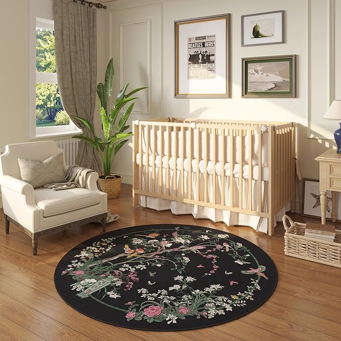 Circle Rug 4ft Chinoiserie-Style Floral Vintage Washable Round Rug Non Slip Low Pile Small Circular Rug for Bedroom, Bathroom, Entryway, Kids Room, Office, Black