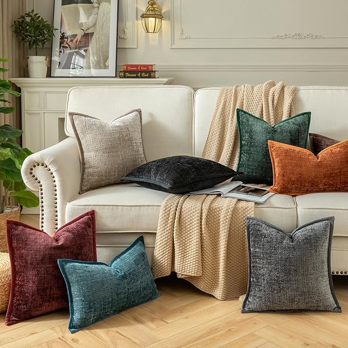 Yaertun Pack of 2 Chenille Textured Decorative Throw Pillow Covers Accent Solid Cushion Cover Soft Cozy Pillow Case with Velvet Back for Couch Sofa Bed Living Room 26x26 Inch Burgundy