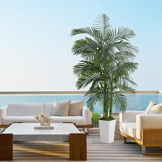 Artificial Palm Tree Indoor Plant 6FT Tall Fake Tropical Palm Tree in Pot with Real Bark Design Faux Areca Palm Tree for Home Office Living Room Bedroom Farmhouse Modern Outdoor Decor (22 leaves 6 FT)