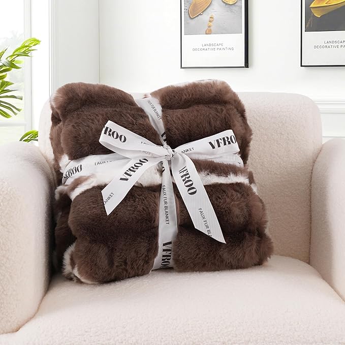 Faux Rabbit Fur Throw Blanket – 850GSM Thick & Warm, Ultra Soft Plush Blanket for Couch, Bed, Sofa, Ideal Gift for Women, 60" × 80", Chocolate