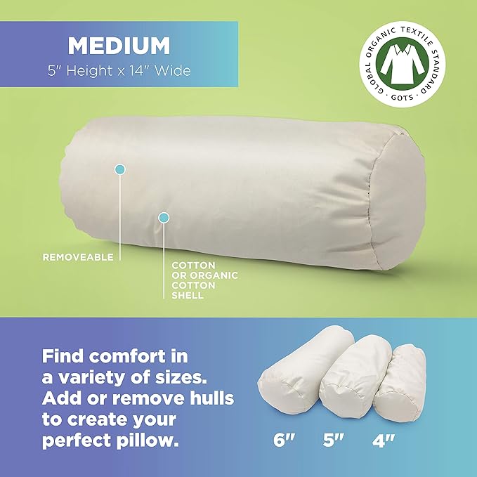 Bean Products Neck Roll Pillow - Made in USA - Organic Cotton Zippered Shell with Organic Buckwheat - 5" x 14"