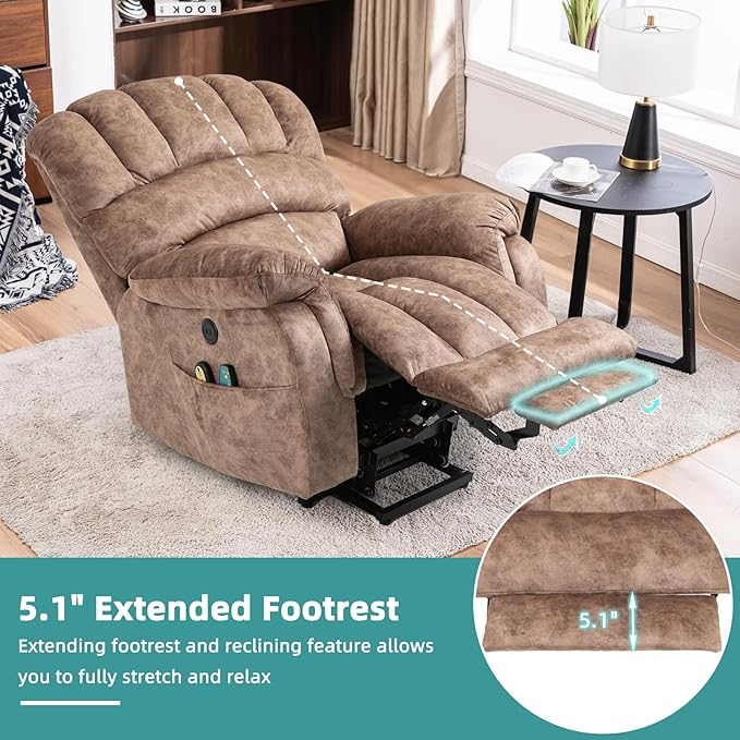 MEETWARM Large Power Lift Electric Recliner Chair with Extended Footrest for Elderly, Big and Tall Lift Chair for Seniors Reclining Chair for Living Room with Massage and Heated,USB Ports(Plush-Brown)