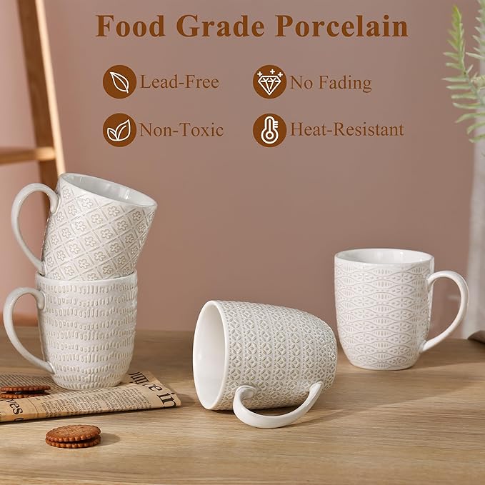 Embossment Coffee Mugs Set of 4, 12 oz Ceramic Coffee Cups Set, White Tea Cups with Large Handle for Latte, Cappuccino, Mocha, Cocoa, Microwave & Dishwasher Safe