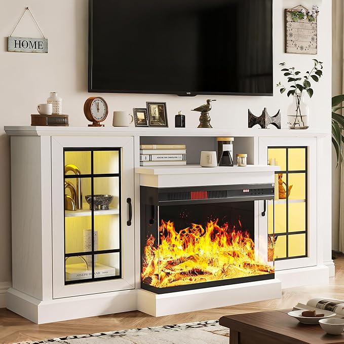 MXV 59'' Fireplace TV Stand, Farmhouse Entertainment Center with 3 Sided Glass TV Stand, Modern Media Console Table with Storage Drawers & Cabinets with LED Flame and Lights for Living Room, White