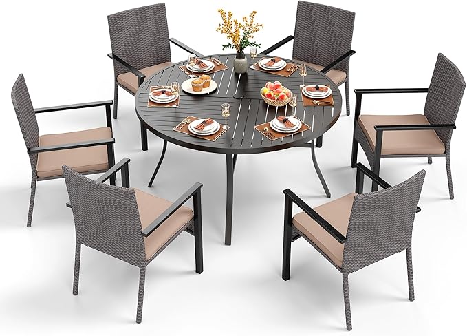 PHI VILLA 7 Pieces Patio Round Dining Set for 6, Large Metal Outdoor Dining Table with Umbrella Hole & Cushioned Wicker Rattan Chairs, Dining Furniture Set for Deck, Yard, Porch