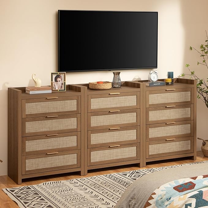 SICOTAS Dresser for Bedroom Chest of Drawers 38" Tall Dresser for Closet with 4 Rattan Drawers Boho Nightstands Set of 3 Large Clothes Storage Cabinet TV Stand for Living Room Hallway Nursery Entryway