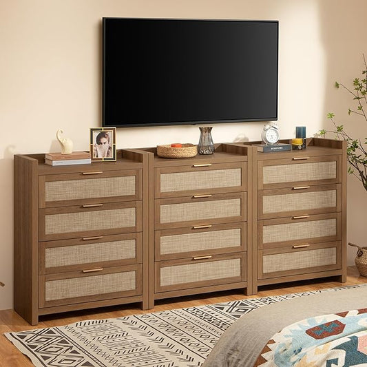 SICOTAS Dresser for Bedroom Chest of Drawers 38" Tall Dresser for Closet with 4 Rattan Drawers Boho Nightstands Set of 3 Large Clothes Storage Cabinet TV Stand for Living Room Hallway Nursery Entryway