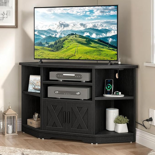 YITAHOME Corner TV Stands for Living Room, Black Entertainment Center with Storage, Farmhouse TV Stand for 55 inch TV w/Power Outlets, TV Console Media Cabinet, Black