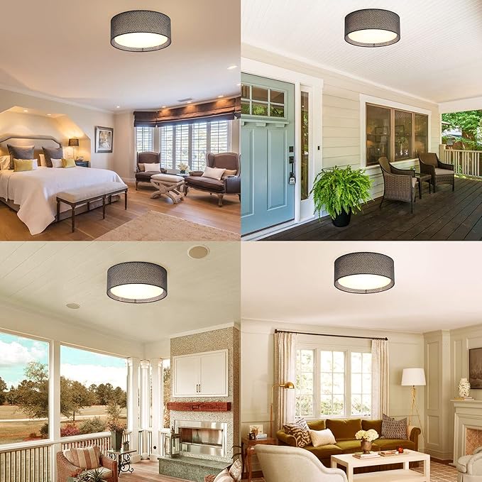 WINGBO 15.7" Modern 3-Light Flush Mount Ceiling Light Fixture with Fabric & Acrylic Double Drum Shade for Bedroom Living Room Dining Room Hallway Entryway, Black