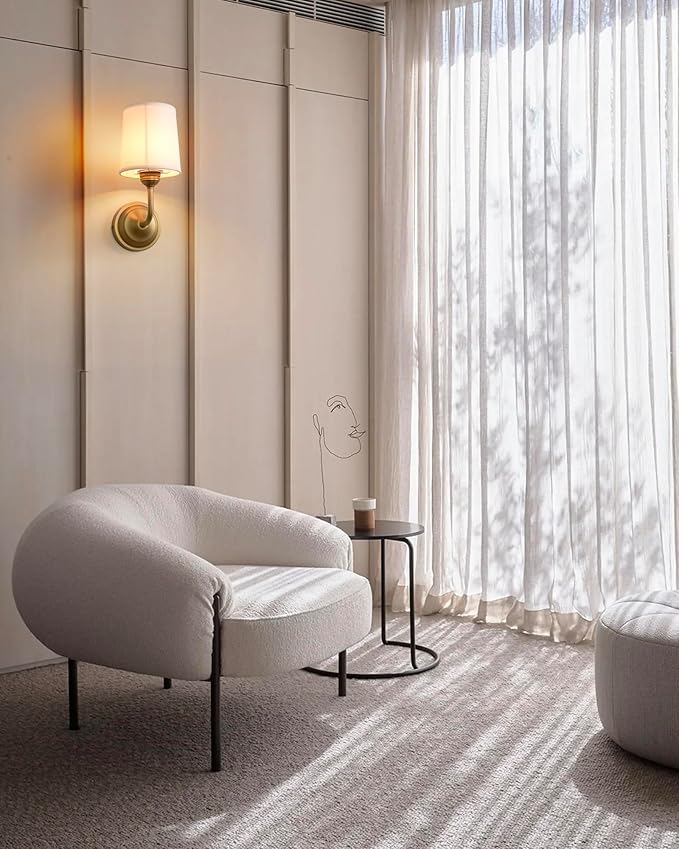 Vintage Fabric Wall Sconce with Funnel White Cloth Shade, E26 Hardwired Indoor 1-Light Wall Mounted Lamp Fixture for Living Room Bedroom Dining Room Hallway