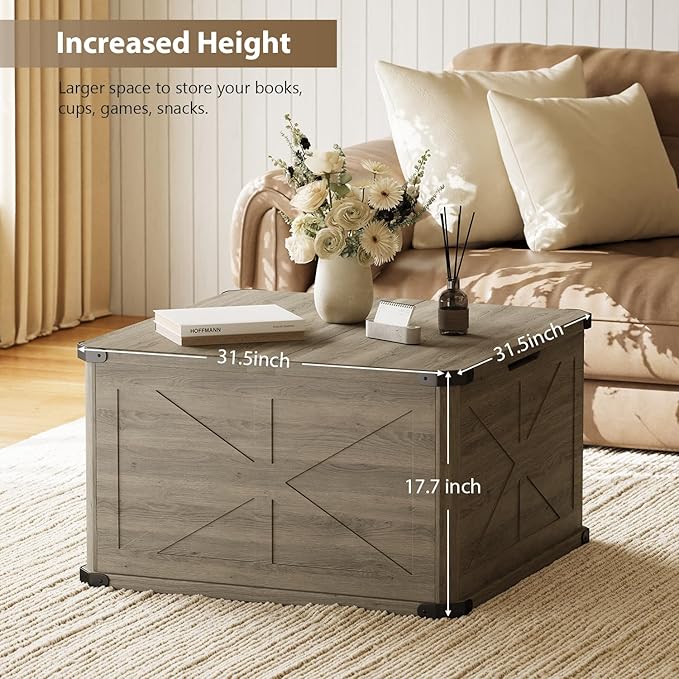 HOPUBUY Farmhouse Coffee Table with Hidden Storage - Rustic Wood Center Table for Living Room, Metal Corner Reinforcement, Square Design with Flip-Top Compartment, Brown