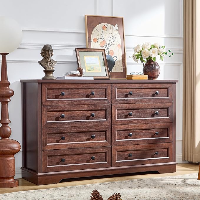 SOOWERY Dresser for Bedroom, Farmhouse Dresser with 8 Wooden Drawers and Storage Cabinet, 55 Inches Wide Chest of Drawers for Bedroom, Living Room, Hallway, Dark Cherry