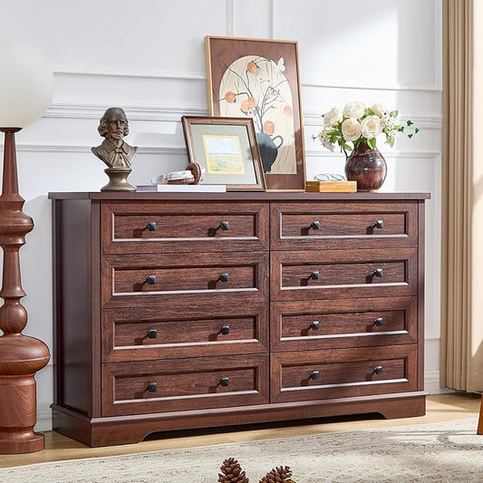 SOOWERY Dresser for Bedroom, Farmhouse Dresser with 8 Wooden Drawers and Storage Cabinet, 55 Inches Wide Chest of Drawers for Bedroom, Living Room, Hallway, Dark Cherry