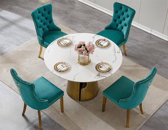 5-Piece Faux Marble Round Dining Table Set for 4, Modern Luxury Kitchen Table Set for 4 with Green Tufted Chairs,Circle Dining Tables with White Marble Grain Top and Bronze Pedestal Base