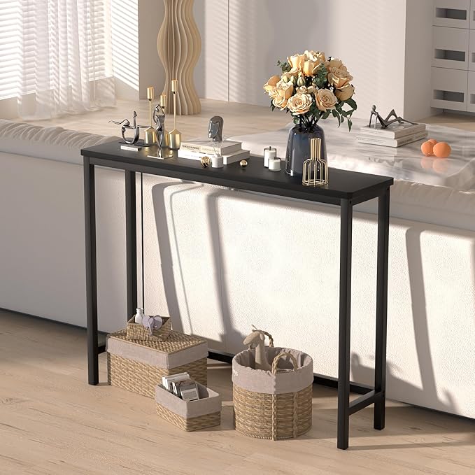 VASMIA Console Table with Power Outlet and USB Ports, Entryway Table, Narrow Sofa Table, 39" Bamboo Skinny Hallway Table for Entryway, Living Room, Bedroom, Foyer, Black