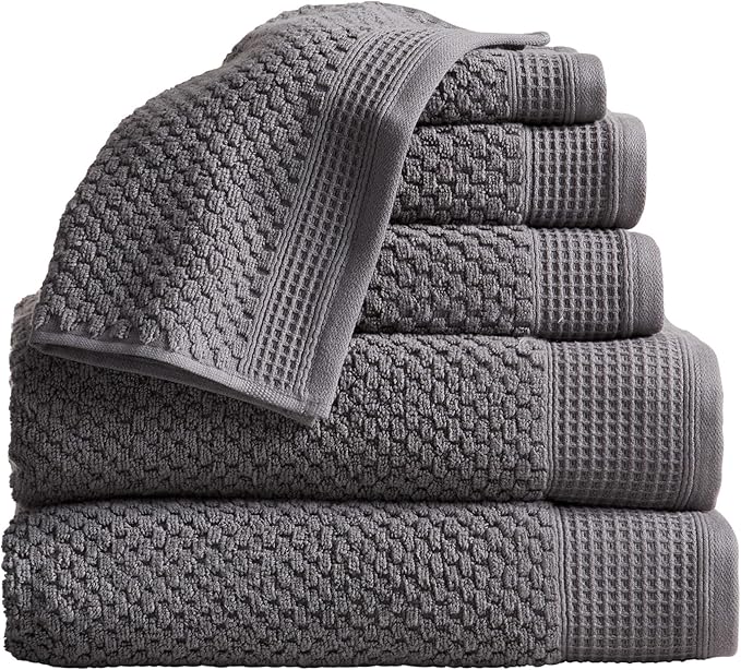 100% Cotton Waffle Textured 6 Piece Towel Set| Super Soft Quick Dry Bath Towels | Decorative Towels for Bathroom | 2 Bath Towels, 2 Hand Towels, 2 Washcloths | Belle Collection (Charcoal)