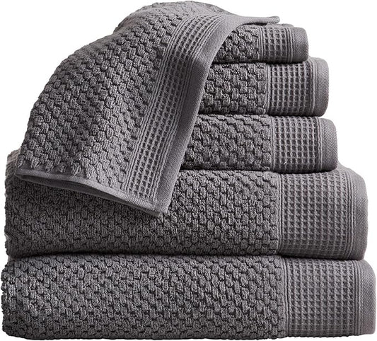 100% Cotton Waffle Textured 6 Piece Towel Set| Super Soft Quick Dry Bath Towels | Decorative Towels for Bathroom | 2 Bath Towels, 2 Hand Towels, 2 Washcloths | Belle Collection (Charcoal)
