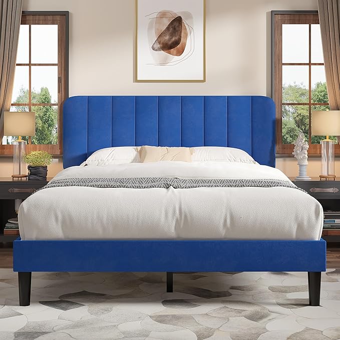 VECELO Full Size Bed Frame with Upholstered Headboard, Velvet Platform Bedframe Mattress Foundation, Strong Wood Slat Support, No Box Spring Needed,Blue