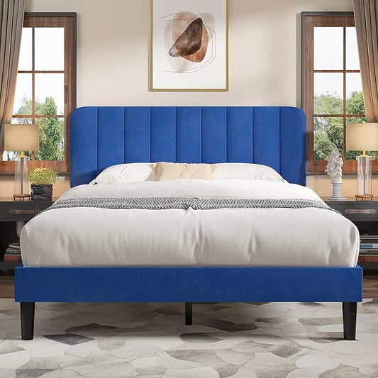 VECELO Full Size Bed Frame with Upholstered Headboard, Velvet Platform Bedframe Mattress Foundation, Strong Wood Slat Support, No Box Spring Needed,Blue