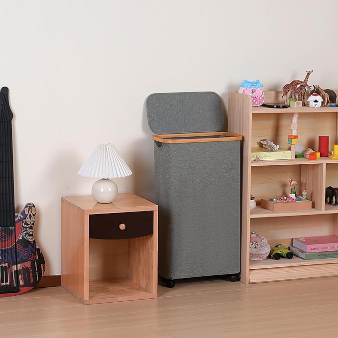 Slim Laundry Basket with Wheels,Narrow Hampers for Laundry, Laundry Hamper with Lid&Bamboo Handles,Collapsible Waterproof Tall Cloth Hamper for Dorm Family(60L Grey)