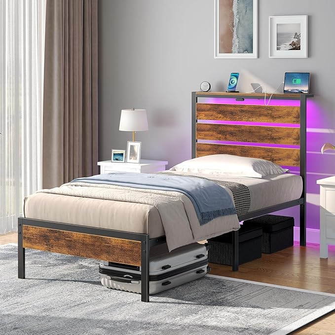 Rolanstar Bed Frame Twin Size with USB Charging Station, LED Bed Frame with Wood Storage Headboard, Rustic Brown Metal Platform Bed with Under Bed Storage, No Box Spring Needed, Noise Free