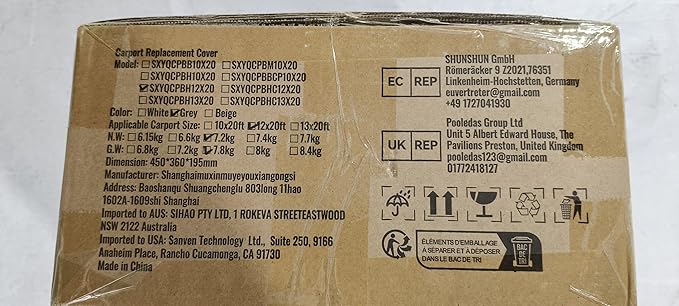 VEVOR Carport Replacement Canopy Cover 12 x 20 ft, Garage Top Tent Shelter Tarp Heavy-Duty Waterproof & UV Protected, Easy Installation with Ball Bungees,Grey (Only Top Cover, Frame Not Include)