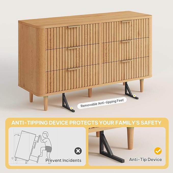 DWVO 6 Drawer Dresser with Fluted Panel, 47.2" Wide Modern Closet Dressers Chest of Drawers, Wood Storage Dresser Organizer for Bedroom, Dorms, Flats, Living Rooms, Hallways, Natural Oka