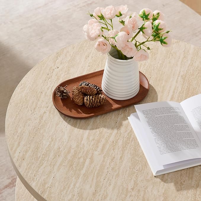 Round Boho Wood Coffee Table - 29.1" Farmhouse Natural Circle Wooden 2-Tier Coffee Tables Living Room Furniture, 29.1" D x 18.3" H, Warm Stone