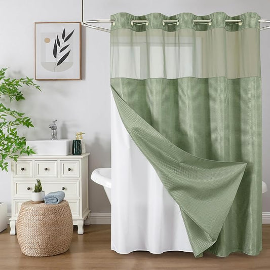 Colorful Star No Hook Shower Curtain with Snap in Fabric Liner, Waffle Weave Heavy Duty Thick Shower Curtains with Mesh Top Window, Hotel Style Waterproof Bathroom Curtain Set, 72'' x 81'', Sage Green