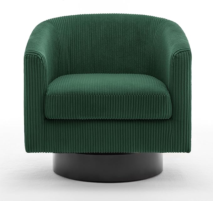 UIXE Swivel Accent Chair, Upholstered Corduroy Barrel Chair for Living Room, Small Single Sofa Bedroom Reading Seat, Dark Green