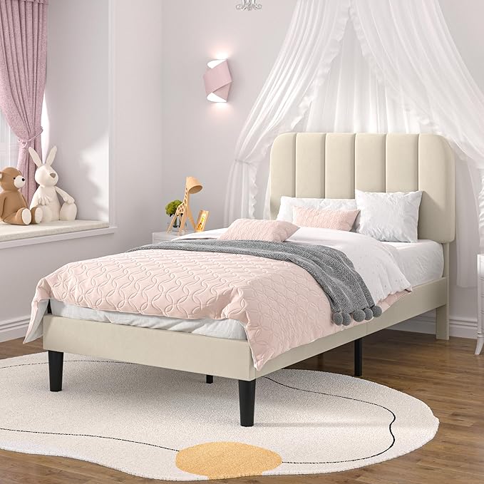 VECELO Twin Size Bed Frame with Upholstered Headboard, Velvet Platform Bedframe Mattress Foundation, Strong Wood Slat Support, No Box Spring Needed,Velvet Beige