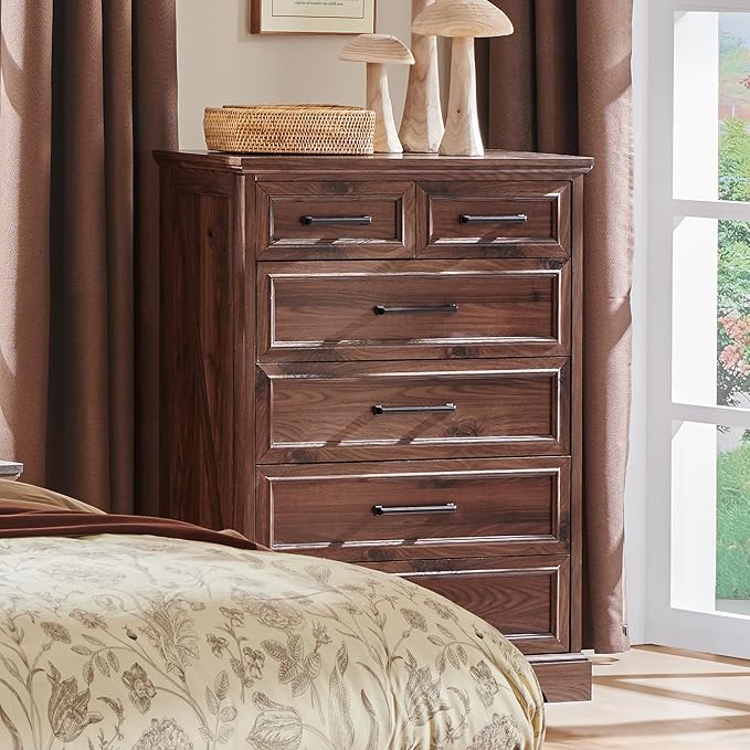 6 Drawer Dresser, Farmhouse Chest of Drawers for Bedroom, 44" Tall Dresser with Large Metal Handles, Wood Drawer Organizer for Living Room, Hallway, Closet - Brown