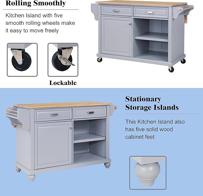Mobile Kitchen Island on 5 Universal Wheels, Greenguard Gold Certified, Stationary Storage Island with 5 Wood Cabinet Feet, Utility Kitchen Island Cart with Drop-Leaf and Storage for Kitchen (Gray)