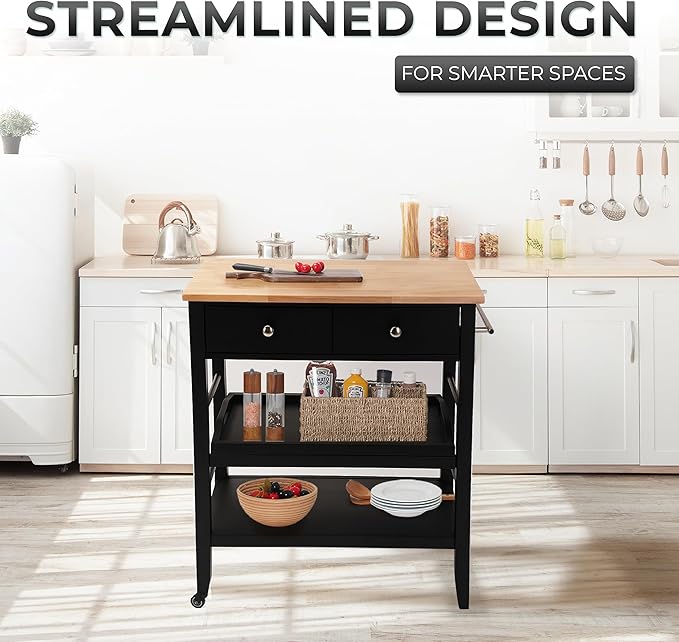 Rolling Kitchen Island Cart, Black Kitchen Cart with Rubberwood Top, Ample Storage Drawers, Adjustable Shelves, Utility Cart with Wheels for Small Kitchens, 35” Height
