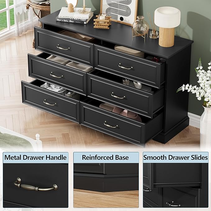 Dresser for Bedroom with 6 Drawer, Farmhouse Dresser for Closet, 53'' Wide Rustic Wooden Chest of Drawers with Natural Wood Texture, Vintage Storage Organizer for Living Room, Hallway, Black