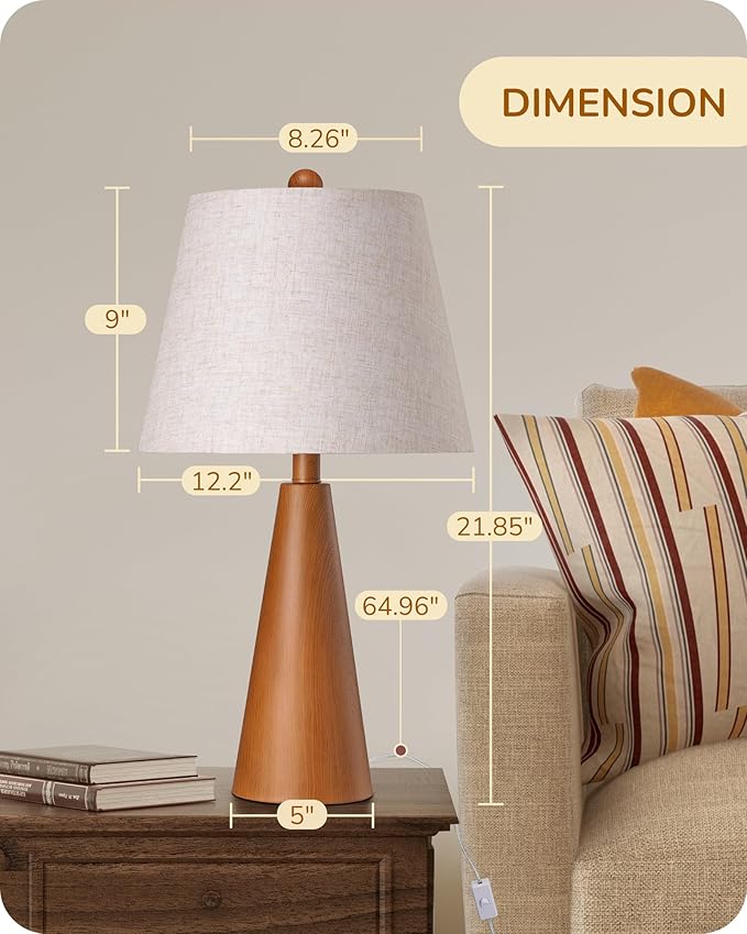 EDISHINE 21.85" Farmhouse Table Lamp, Rustic Bedside Lamp, Water Transfer Rose Wood Grain Metal Base, Beige Linen Shade, Modern Nightstand Light for Living Room, Bedroom, Office, E26 Base